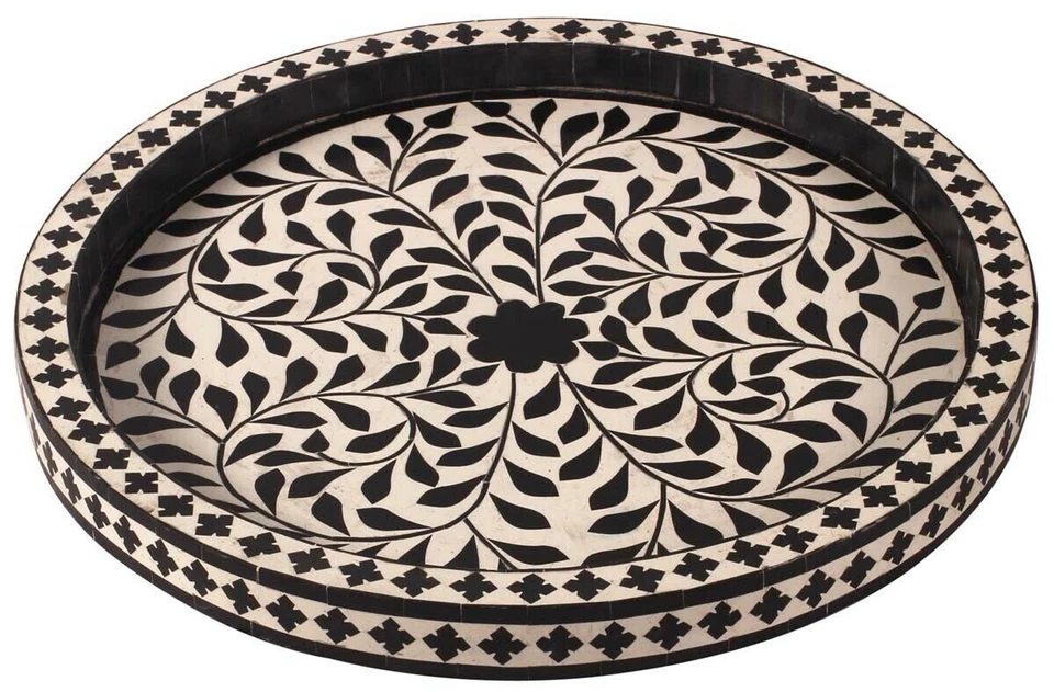 Handmade Round Bone Inlay Tray Floral Home Decorative Tray Serving Wood tray - Image 2 of 3