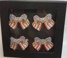 Storehouse Beaded Napkin Ring Patriotic July 4th Red Blue BOWS  Set 4 Americana