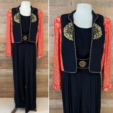 VINTAGE 3 Piece Lounge Set Cropped Jacket Top Wide Leg Pant Asian Themed Size L