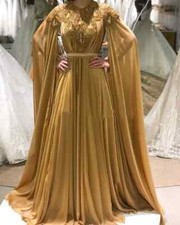 Gold Muslim Evening Dresses Beaded Cape Mother of the Bride Prom Gowns