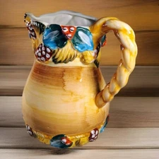 Large Ceramic Water Pitcher Flower Jug Vase Beachy Forest Scene WCL China