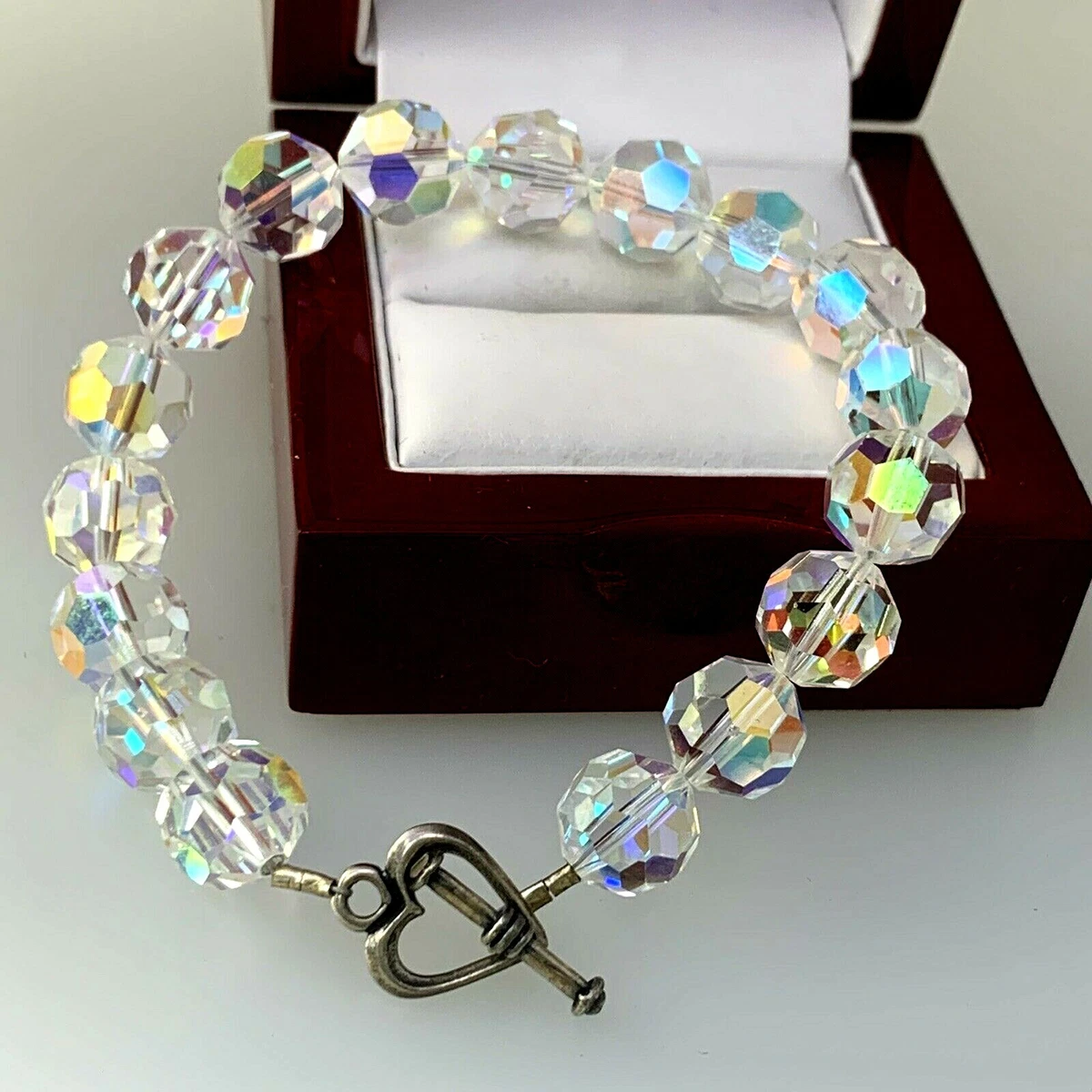 Aurora Borealis Crystal Beads Bracelet Sterling Silver Heart