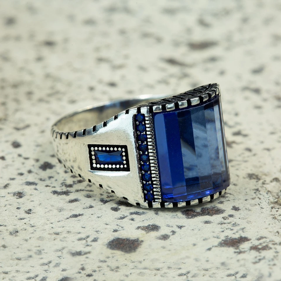 抛光 925 纯银蓝色蓝宝石宝石经典风格男式戒指 — 第 3/4 张图片