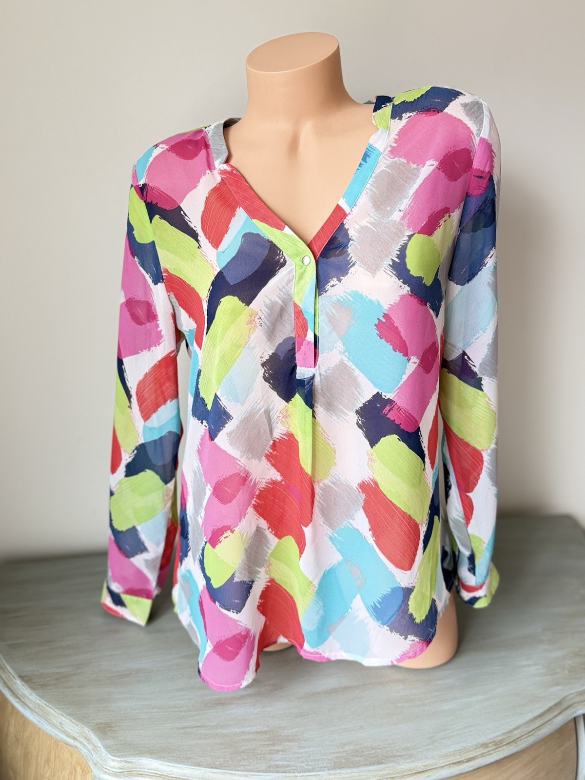 Liz Claiborne Womens Colorful Sheer Button Up Blouse in Pink and Blue