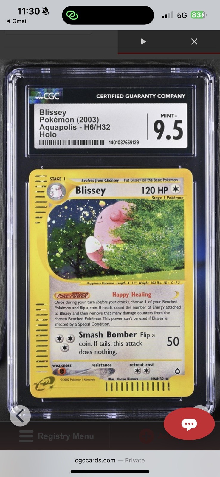 Pokemon Aquapolis Blissey holo H6/H32 CGC Mint+ 9.5