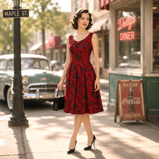 Vintage 1950s Fit Flare Swing Dress. Floral Roses. Pinup Rockabilly
