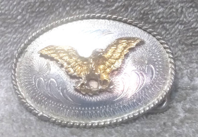 Small Gold Flying Bald Eagle Buckle Silver Flower Engraved Mexico Vintage 2