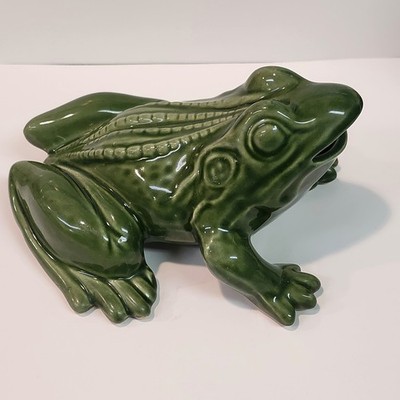1950's Vintage Green Frog Toad Art Pottery Garden Figurine Open Mouth