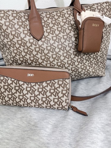 DKNY Beige/Brown Monogram Logo Tote Set w/ Coin Purse, Zip Closure, Pockets