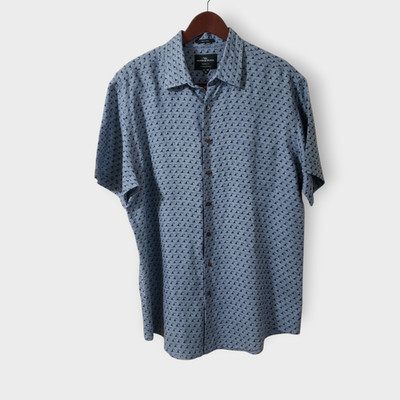 Rodd & Gunn 100% Linen SS Button Up Shirt Blue Pelican Geo Sports Fit Sz XL