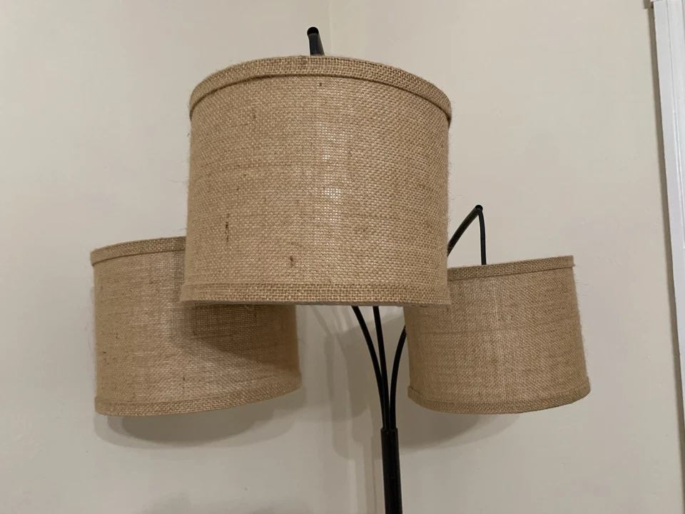 80 Inch Tall Hampton Bay Arched Floor Lamp With Burlap Drum Shades 3 Arc Lights - Image 2 of 4