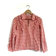 Scotch & Soda gingham red top ruffle trim quarter zip front closure collar XS