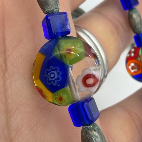 Murano Venetian Style Millefiori Glass Necklage Multi Color Cobalt Blue Estate