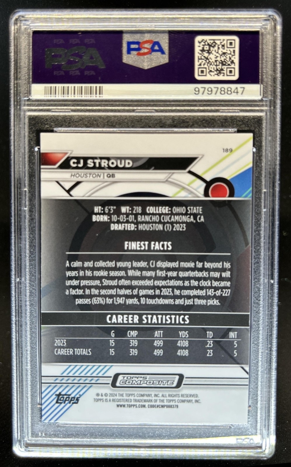2023 Topps Composite CJ Stroud Finest RC #189 PSA 9 Texans view 2