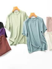 Women 100 Mulberry Silk Elastic Round Neck Short Sleeves Solid Color T-Shirt