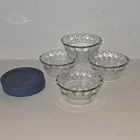 4 Pyrex 463 Clear Glass 6 oz Scalloped Edge Ramekin Custard Cups W/ Generic Lids