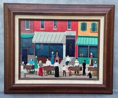 STEVE KLEIN NAIVE URBAN FOLK ART OIL PAINTING CITY VILLAGE SHOPS VENDORS PEOPLE
