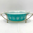 Pyrex 043 Turquoise Snowflake 1.5 Qt Casserole Dish Lid Cradle Vintage