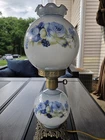 Vintage Gone With The Wind Hurricane Lamp Hand Painted Blue Roses Milk Glass 21"