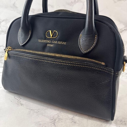 VALENTINO GARAVANI Women Hand Bag Black Leather  Gold Logo Zipper from japan