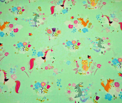 Cotton Fabric By Yard Unicorn Cat Rabbit Metallic Gold Floral on Lt Green B C