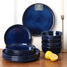 Vicrays 12-Piece Ceramic Dinnerware Set, Plates Bowls, Service for 4, Dishwas...