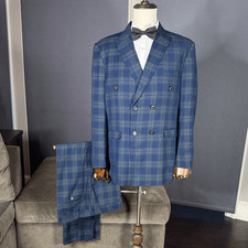 Men  s Blue Plaid 3 Piece Double Breasted Suit Peak Lapel 44 Jacket 40 Pants NEW