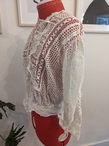 Antique Edwardian Victorian Lace Shirt Ivory long Sleeve Small - Picture 6 of 9