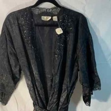 Vintage Victoria's Secret Gold Label Black Robe W/ Bead Lace Accents Sz O/S