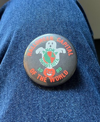 1989 Anoka Halloween Capital Of The World 2 1/4'' Cel Ghost Globe Jack O Lantern