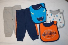 Baby Boys 5 PC LOT Knit Pants GRAY NAVY ORANGE Bibs MONSTERS SPORTS Size 3-6 MO
