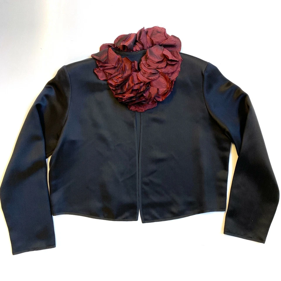 Maria Pinto Couture Black Red Rose Petal Collar Silk Dress Jacket Bolero Sz 2 - Image 3 of 4