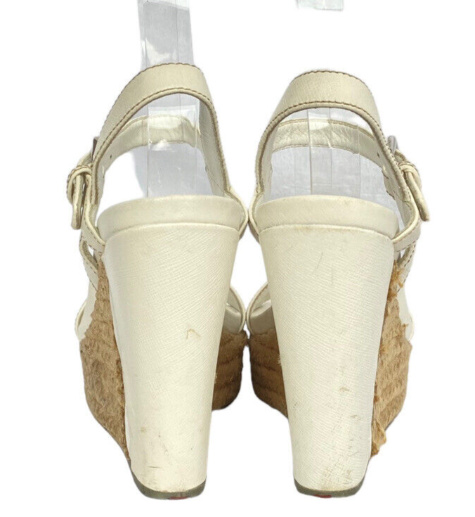 PRADA White Leather Ankle Strap Espadrille Wedge Sandals PRADA White Leather Ankle Strap Espadrille Wedge Sandals