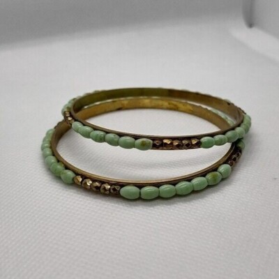 Jade Green Beaded Bangle Bracelets Set of 2 Stacked Bohemian Gypsy Distressed