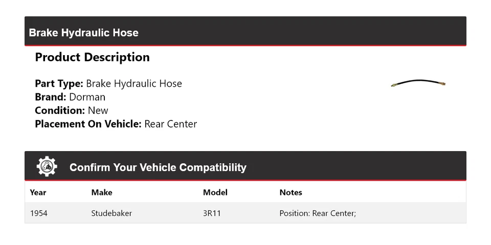 For 1954 Studebaker 3R11 Dorman Brake Hydraulic Hose Rear Center - Image 2 of 4