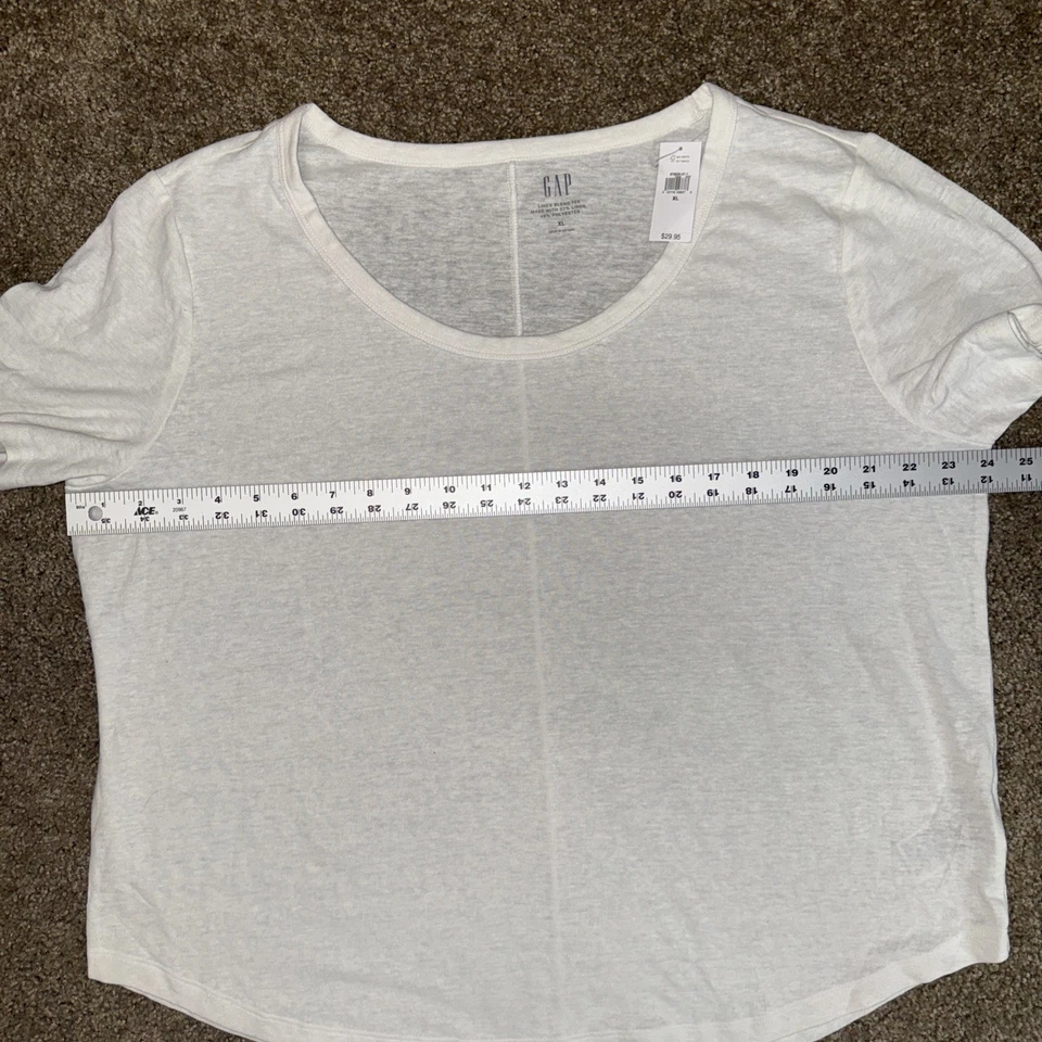 Gap 亚麻混纺 T 恤女式 XL 拉丝白色低圆领休闲海滩泳池 — 第 4/4 张图片