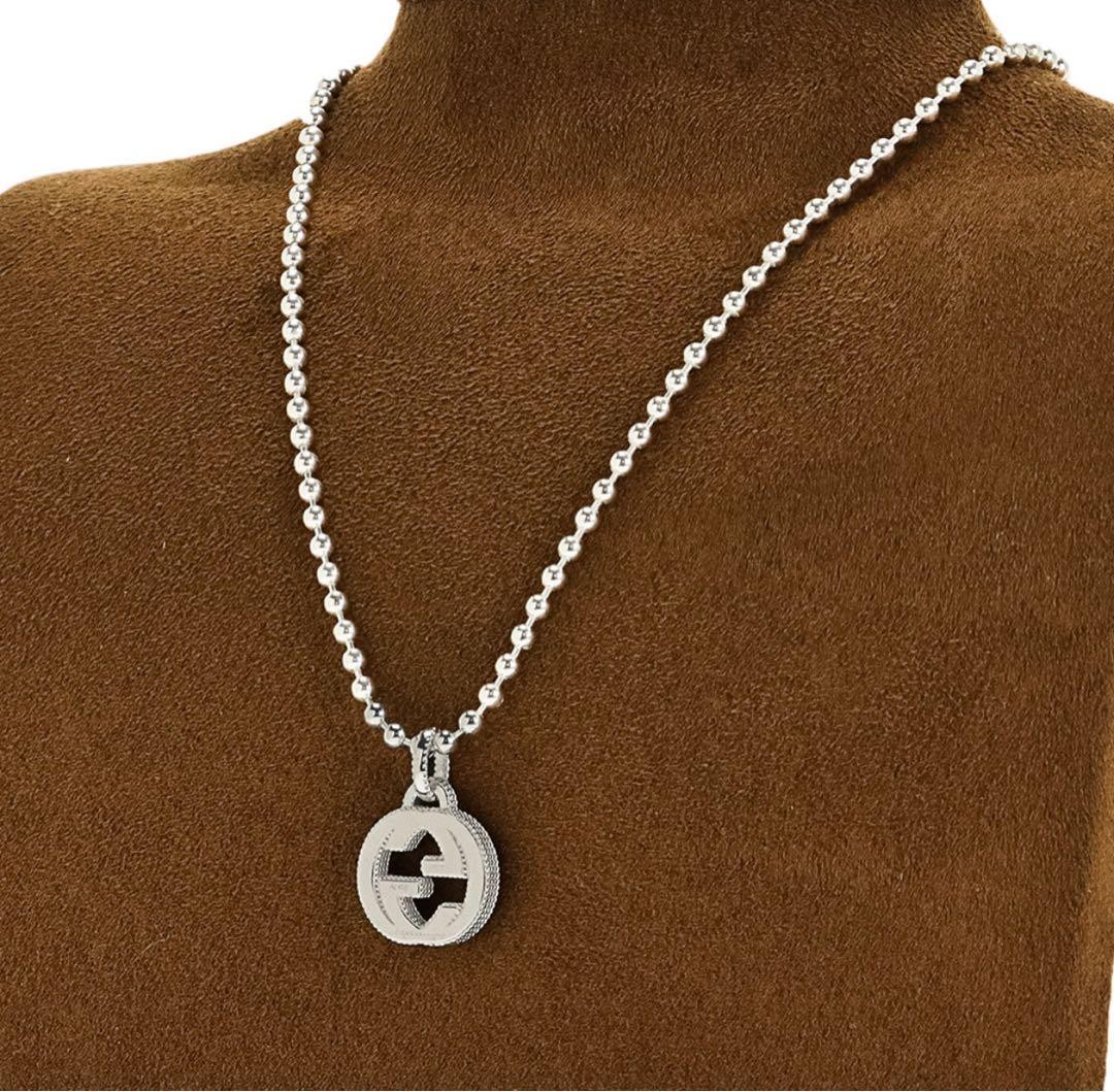 GUCCI Interlocking G Silver Pendant Necklace Bead… - image 1