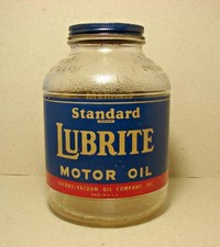 Vintage Standard Lubrite Motor Oil glass jar bottle no oil can Socony Vacuum Oil