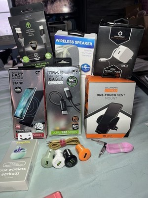 Lot Of Phone Tech Chargers, Cable,  EarBuds, Car Mount, Speaker Screen Protector