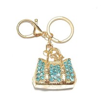 Blue Handbag Purse Keychain Bling Crystal Charm Gold Tone Key Ring Gift Women