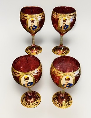 4 Vintage Naser Al-Din Shah Qajar Persian Czar Red / Gold Wine Glasses 6 
