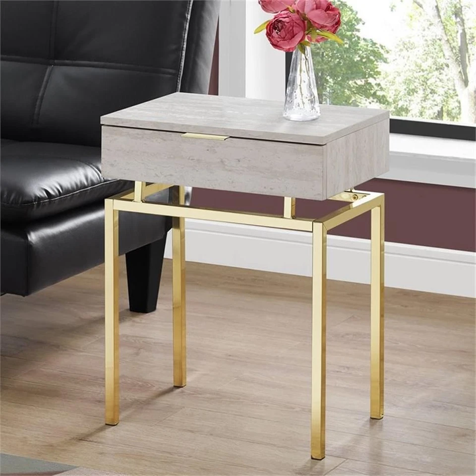 Accent Table Side End Nightstand Lamp Bedroom Metal Beige Marble Look - Image 2 of 4