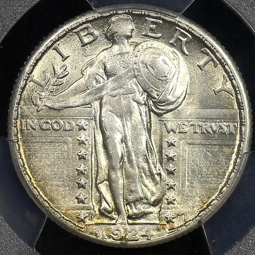 1924 D STANDING LIBERTY QUARTER PCGS AU 55 SMOOTH AND SATINY LUSTROUS WHITE WITH