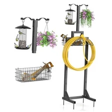 Garden Hose Holder Freestanding with Storage Basket & 2 Shepherds Hooks, Heavy 