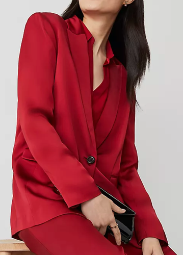 NWT ANN TAYLOR GINGHAM RED LONGLINE SATIN BLAZER JACKET SZ 0 - Picture 5 of 8