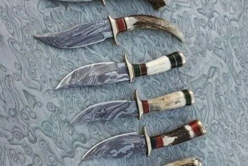 ЛОТ ИЗ 10 ОХОТНИЧЬИХ НОЖЕЙ РУЧНОЙ РАБОТЫ 8 ДЮЙМОВ ИЗ ДАМАССКОЙ СТАЛИ СКИННЕР РУКОЯТЬ ОЛЕНЬ/РОГА - Изображение 4 из 4
