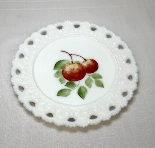 Vintage White Milk Glass Lace Edge Cherry Fruit Plate Hand Painted 7.25"