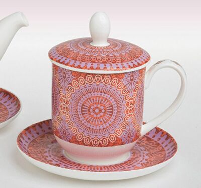 Teetasse mit Sieb und Deckel Sonji Bone China Porzellan