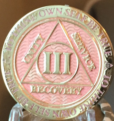 3 Year AA Medallion Pink Gold Plated Alcoholics Anonymous Sobriety Chip ...