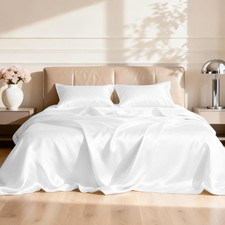 Satin Queen Sheets Set - 4 Piece White Silky Bed Sheets with Deep Pocket, Luxury